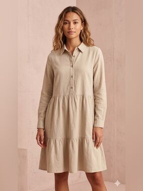 KAFFE Long-Sleeve Tiered Shirt Dress in Beige